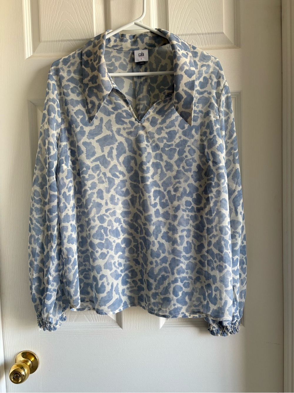 Cabi Soft Blue & White Animal Print Collared Blouse